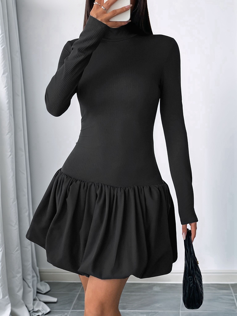Women Long Sleeve Bubble Mini Dress Bodycon Mock Neck Casual Cocktail Club Party Dresses Black XL
