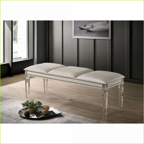 Accent Bench, Contemporary Pearl White Solid Rubberwood with Crystal & Mirror Accents | Antique White | Rubberwood