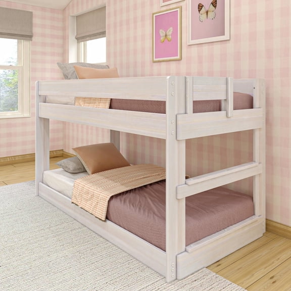 Max & Lily Twin over Twin Low Bunk Bed, Modern Farmhouse Solid Wood Bunk Beds for Kids, White Wash