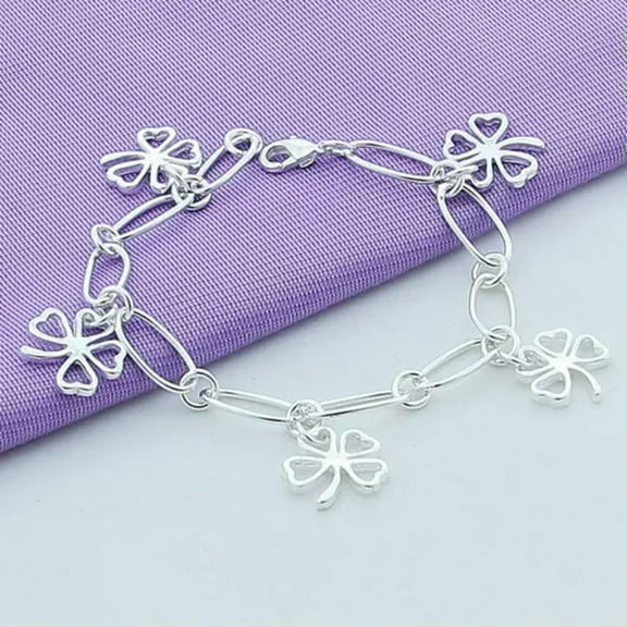 K-KED 925 Sterling Silver 4 Four Leaf Clover Bracelet Women's Charm Jewelry-20cm