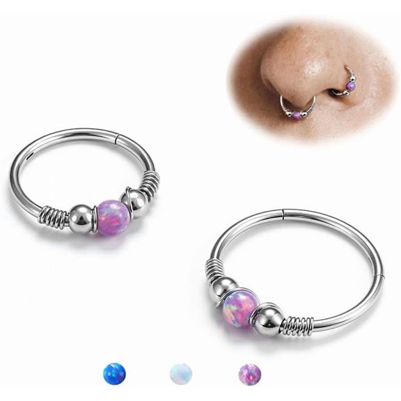 Opal Nose Rings Hoops - 316L Surgical Steel Septum Ring for Women Conch Piercing Jewelry Daith Helix 2Pcs 16G 18G