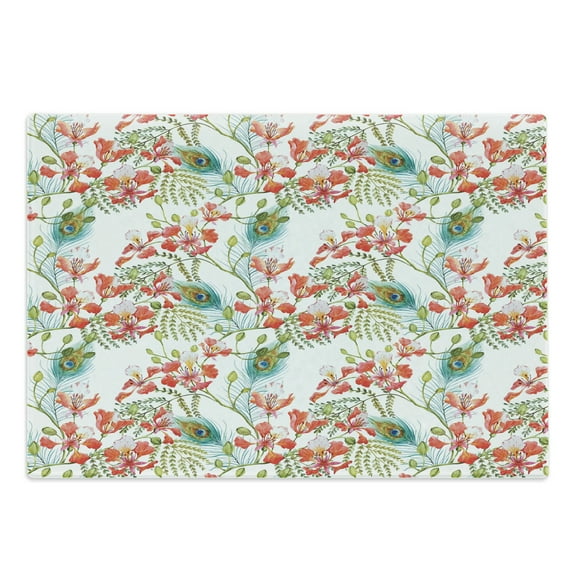 Spring Cutting Board, Peacock Feather Petunia Blossom Field Seasonal Blush Botanical Leaves Watercolor, Decorative Tempered Glass Cutting and Serving Board, Large Size, Multicolor, by Ambesonne