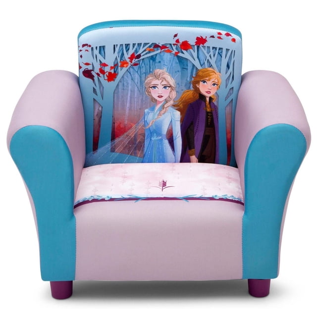 Disney Frozen II kids upholstered chair by Delta Children with blue arms, purple legs, and character print on the backrest.