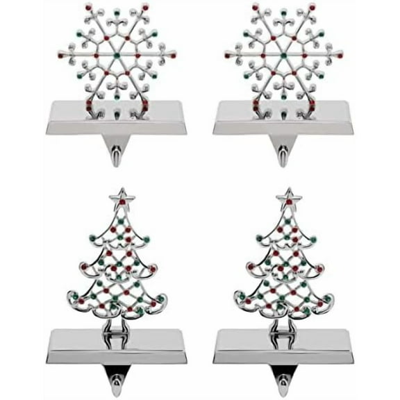 Nickel-Plated Christmas Stocking Holders 4-Pack with Snowflake & Tree Stand Colored Stones, Ideal for Fireplace & Shelf
