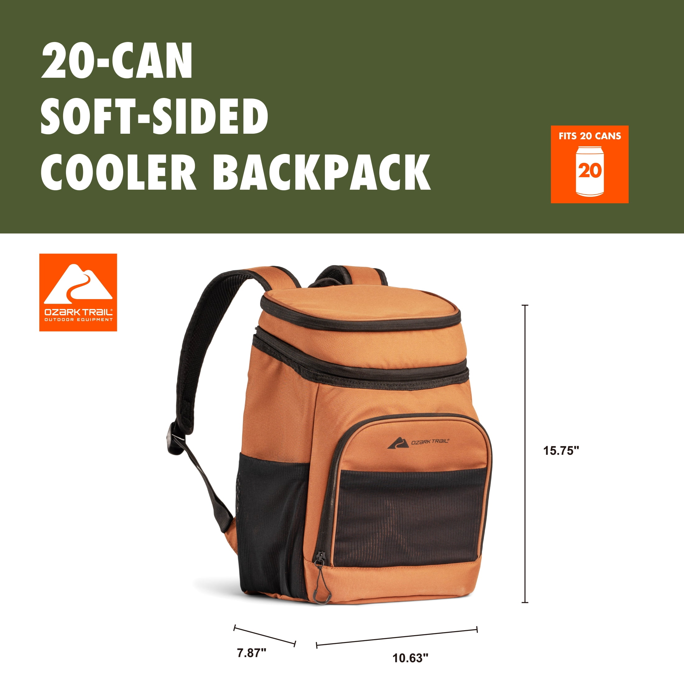 Ozark Trail 20-Can 15 qt Soft-Sided Cooler Backpack, Brown