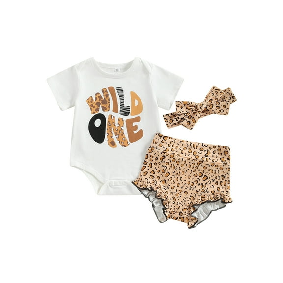 Toddler Baby Girl First Birthday Outfit Wild One/Two Short Sleeve Sweatshirt Shirt Top Ruffle Shorts Headband Clothes Set