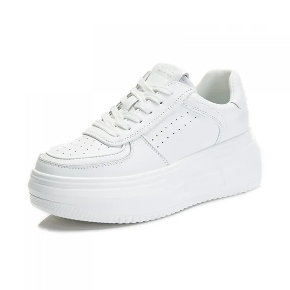 Women's White Platform Sneakers, Lace-Up Height Increasing Casual Skate Shoes for Daily Wear