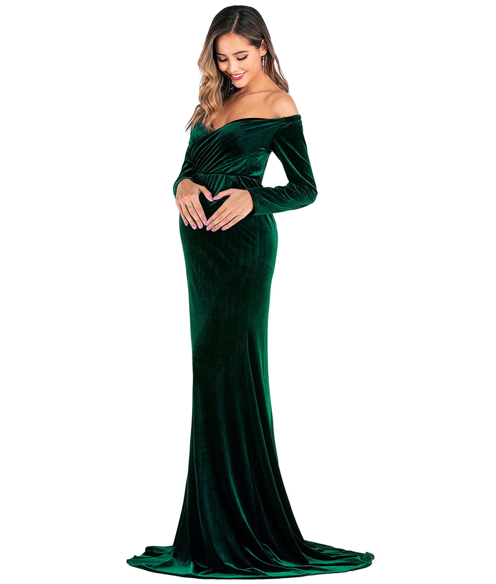 JustVH Women's Velvet Maternity Dress for Photography Baby Shower V-Neck  Off Shoulder Gown Maxi Photography Dress for Photoshoot(Green,S) -  Walmart.com