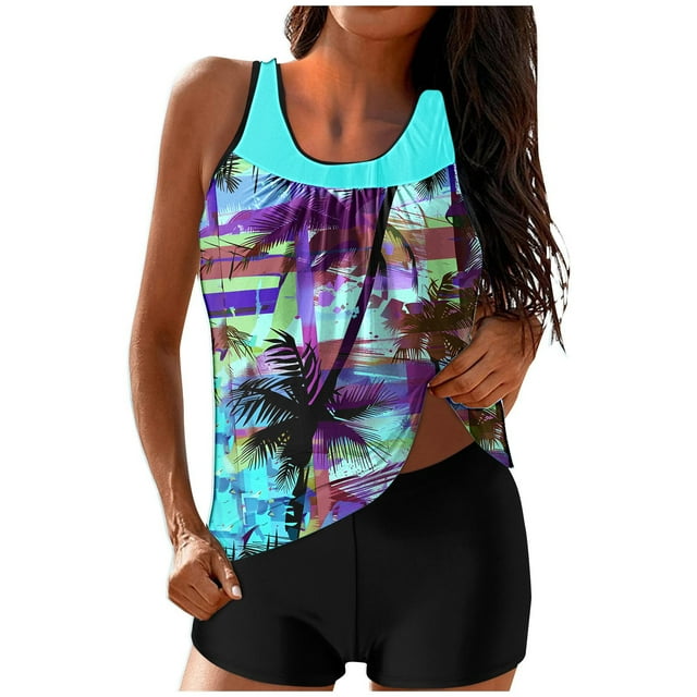 Maillot de Bain 2 Pcs pour Femmes, Imprimé Tropical, Long, Tankini, Maillot de Bain Modeste, Ample, Bleu Menthe, TG