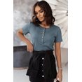 thumbnail image 4 of POGLIP Women's Blue Buttoned Ribbed Knit Short Sleeve Top, 4 of 6
