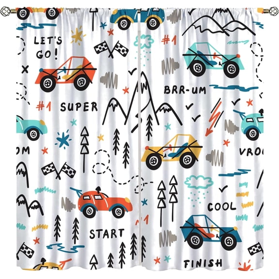 Cute Car Blackout Curtains for Kids Room,Fun Colorful Graffiti Cartoon Car Woodland Print Rod Pocket Window Treatments Drapes for Bedroom Living Room Home Decor42x39in