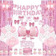 Pink Bow Party Decorations, 53 Bow Birthday Decorations with Balloons Fringe Curtains Happy Birthday Banner Hanging Swirl and Cake Toppers for Girls’ Party Decorations