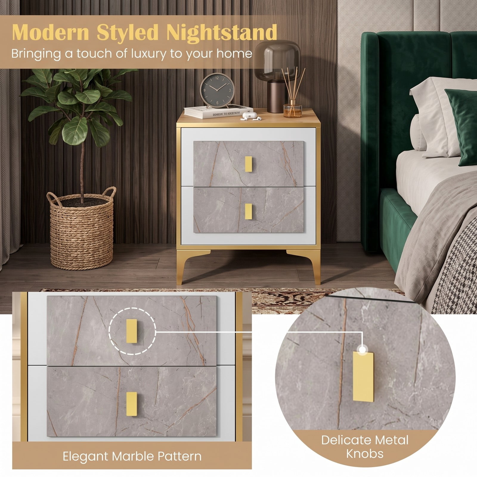 Furnibear Nightstand with 2 Pull-out Drawers and Metal Legs, Modern Bedside Table with Marble-pattern Fronts for Bedroom and Living Room, Natural