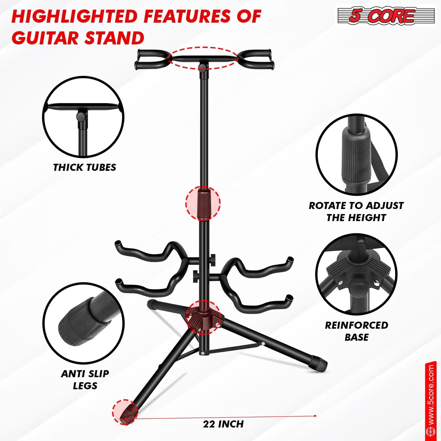 5Core Guitar Stand Floor Tripod  Portable Adjustable Multi Guitars Holder 2N1