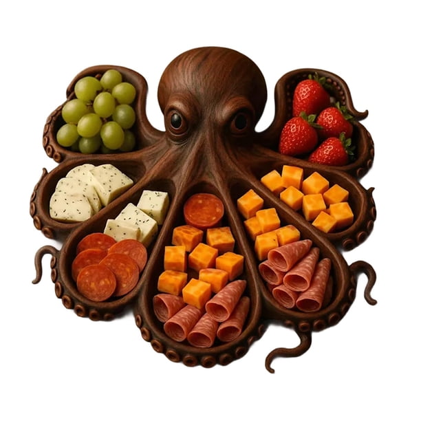 Bewildely práctico de charcutería de pulpo para cenas junto al mar. Tabla de charcutería de pulpo, etc. Quesos. Almacenamiento y organización del hogar A
