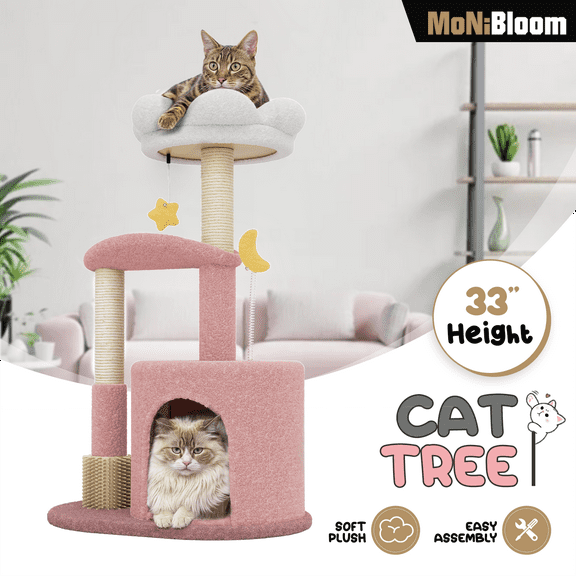 MoNiBloom 33" Flower Cat Tree for Indoor Cats, Compact Cat Tower with Condo, Scratching Posts, Flower Perch & Dangling Toys for Kittens & Small Cats, Cute Cat Furniture Stand, Pink