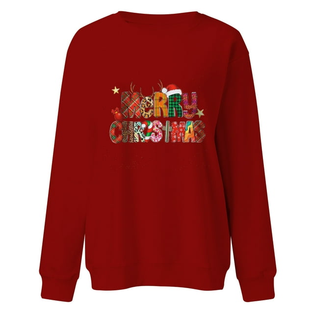 VBARHMQRT Chandails à Capuchon Esthétiques pour Femmes Décontractés Joyeux Noël Imprimé de Lettres Col Rond Manches Longues Chandail Sans Capuche pour la Saison d'Automne et d'Hiver