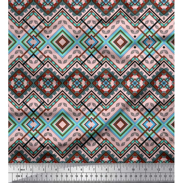 Soimoi Crepe Silk Fabric Geometric Kilim Printed Craft Fabric by The Yard 42 Inch Wide