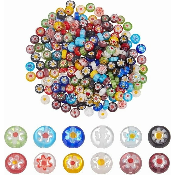 240Pcs Flat Round Flower Millefiori Lampwork Glass Beads 6mm Handmade Spacer Bead Mixed Colors Coin Loose Beads for Bracelets Earring Necklace Jewelry Making DIY Crafts Colorful DIY