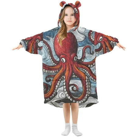 

joogoo Wearable Blanket Hoodie for Kids Art Red Octopus Flannel Oversized Sweatshirt 3-14 Years M