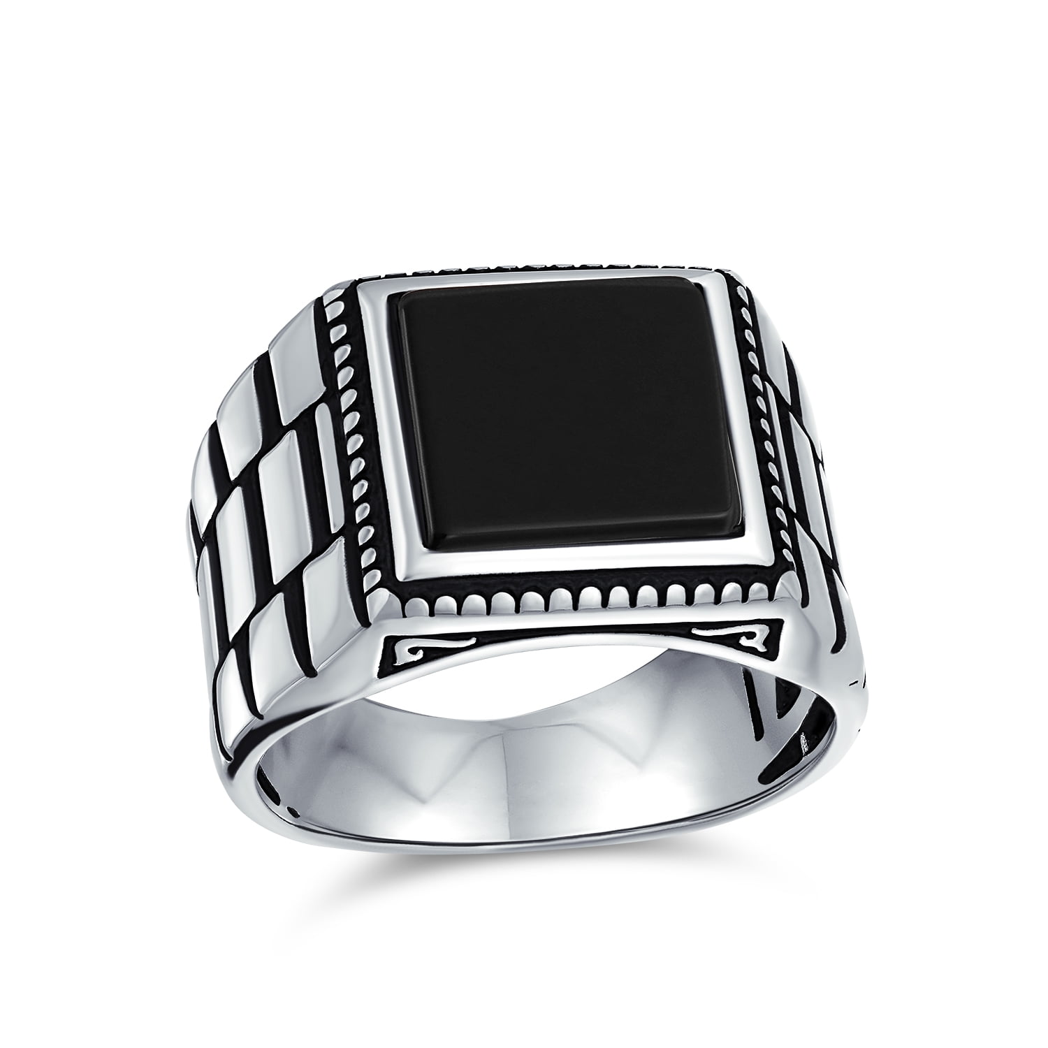 Men Watch Band Style Black Onyx Statement Rectangle Signet Ring Silver ...
