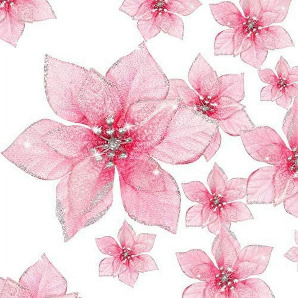 Nvzi 12 Pcs Christmas Poinsettia Christmas Tree Flowers Glitter Faux Flowers Decoration (Pink,4 inch)