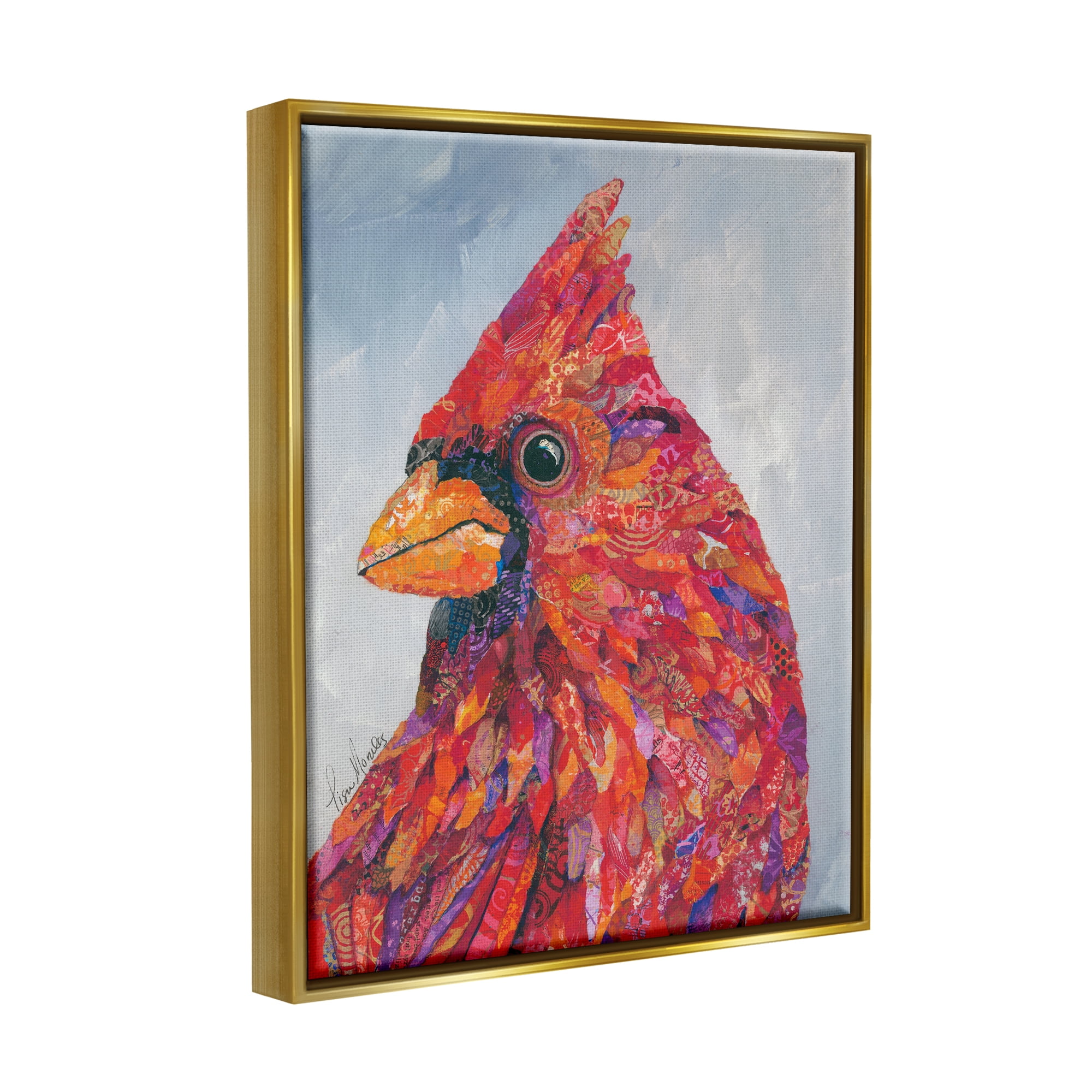 Stupell Industries The Messenger Red Cardinal Layered Collage Bird Painting Painting Metallic Gold Floating Framed Canvas Print Wall Art, Design by Lisa Morales