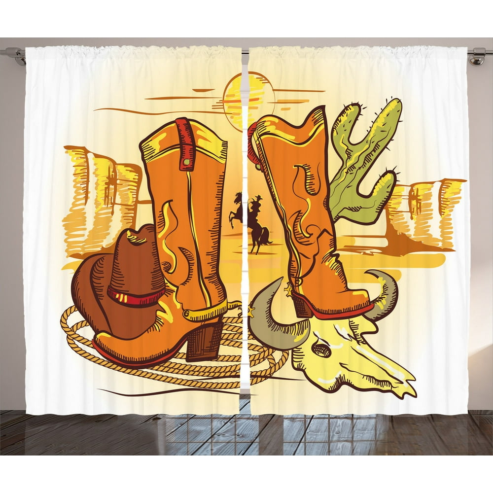 Western Decor Curtains 2 Panels Set, Illustration Of Old Wild West