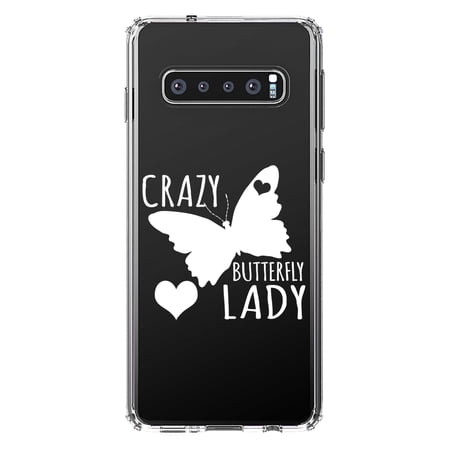 DistinctInk Clear Shockproof Hybrid Case for Samsung Galaxy S10+ PLUS (6.4 Screen) - TPU Bumper Acrylic Back Tempered Glass Screen Protector - Crazy Butterfly Lady