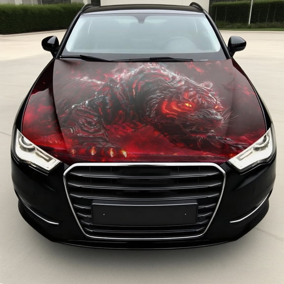1pc Hell Tiger Car Hood Wrap- Glowing Red& Black Trucks/Sedans SUVs Bonnet Sticker- Waterproof, Scratch-Resistant, Self-Adhesive- Easy Application/Removal- Bold Flame-Like Tiger Design with Glowing E