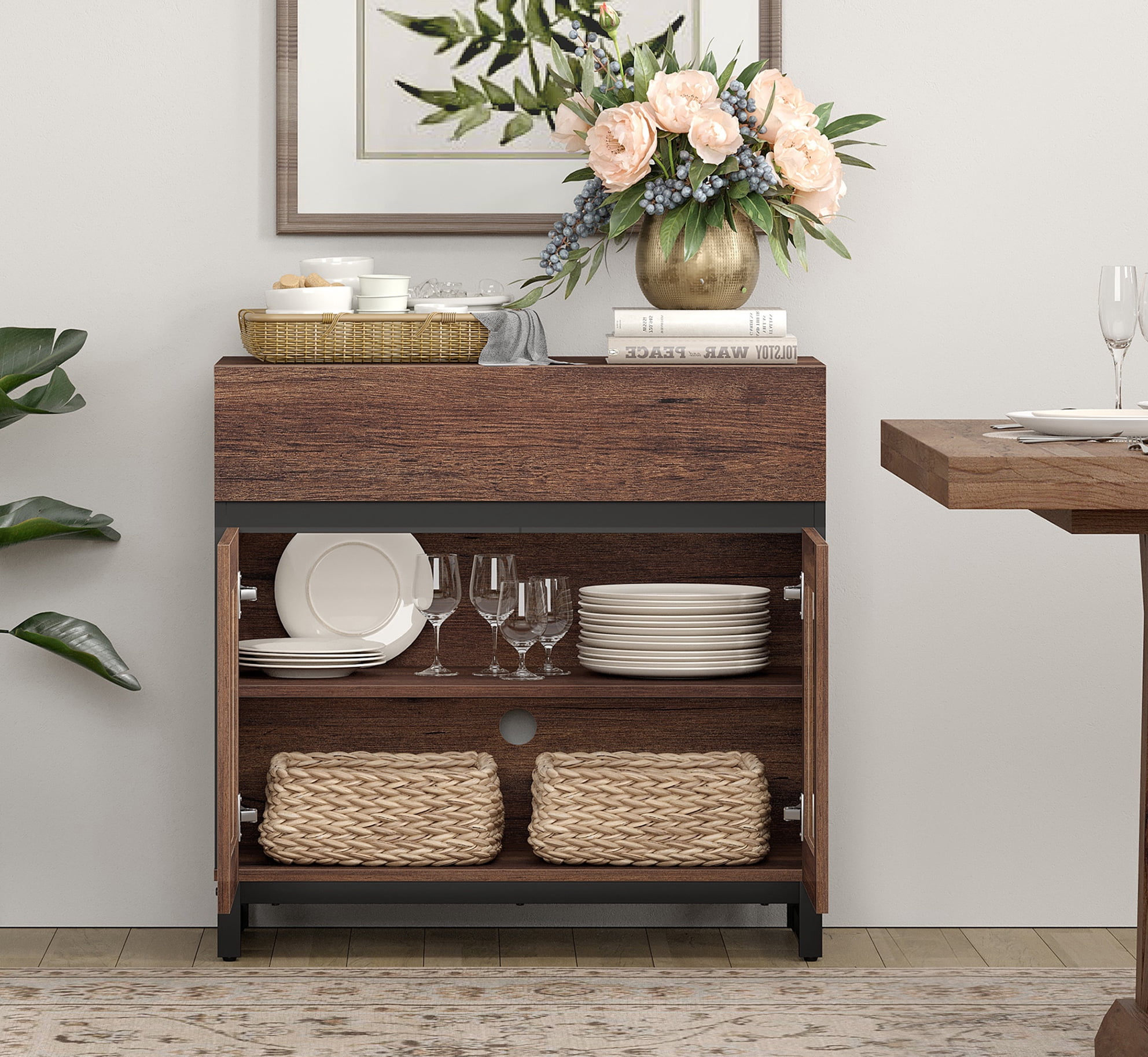 Modern 3-in-1 Sideboard Cabinet, Storage Credenza with 13 Drawers, Adjustable Shelf and Transparent Glass Doors, Sturdy Metal Base Coffee Bar Cabinet for Home Decor,Brown