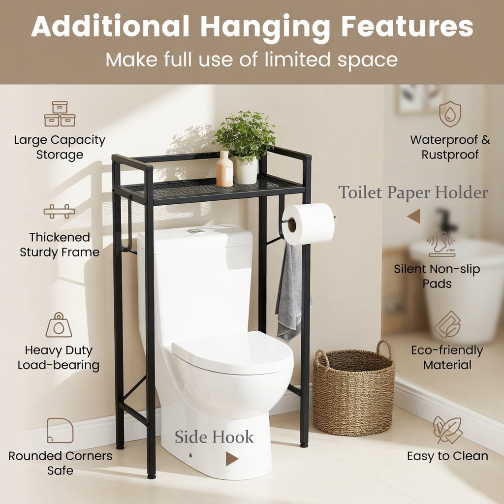 Hommoo Over-the-Toilet Storage Cabinet with Heavy-Duty Metal Frame, Farmhouse Freestanding Bathroom Organizer Adjustable Shelves, Wall-Safe Anti-Tip Design, Black