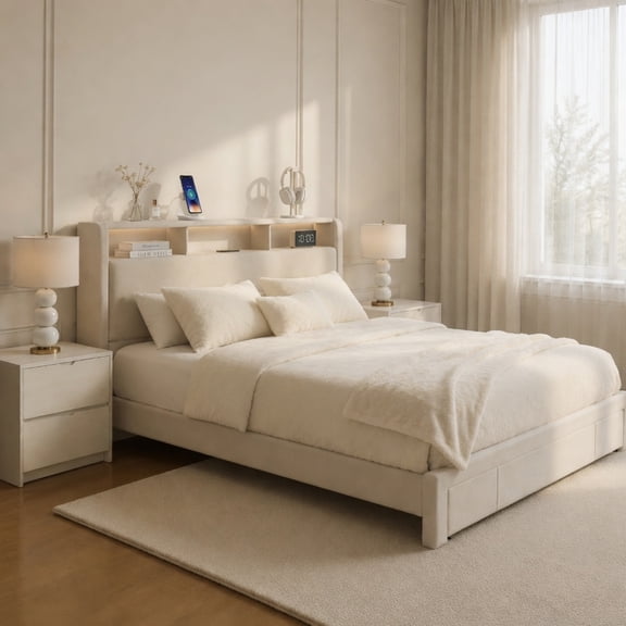Queen Upholstered Bed with Drawers, Storage Headboard, LED & USB Charging, Silent, No Box Spring, Beige