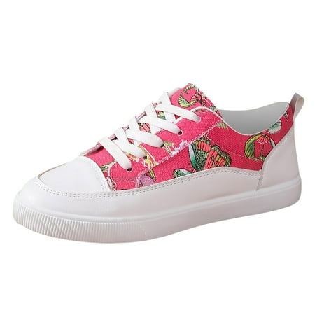 QYZEU Leather Sneakers Women Casual Shoes for Women Low Heel 2024 Spring and Autumn Single Shoes Printed Breathable Shoes Low Cut Lace Up Large Shoes Hot Pink 37