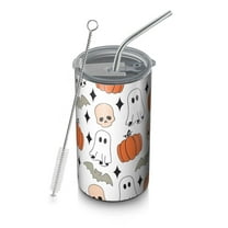 20oz Coffee Tumblers White Halloween Ghosts Skulls and Bats Stainless Steel Vacuum Insulated Travel Tumbler Coffee Cups Mug with Lid and Straw with Cleaning Brush for Cold & Hot Drinks