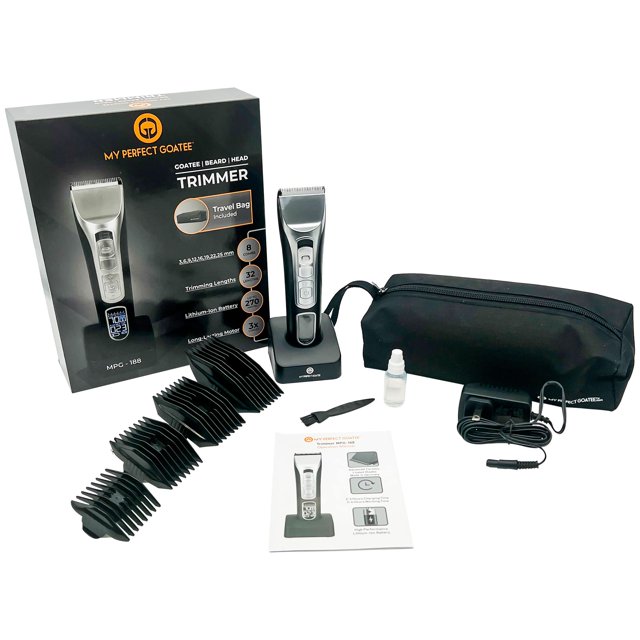 My Perfect Goatee Recortadora inalámbrica para barba, cuerpo y cabeza, cuchillas extra afiladas, bolsa de viaje, 36 longitudes únicas (1-26,9 mm), resistente al agua, motor de 7000 RPM, 8 longitudes d
