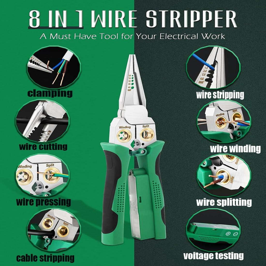 8 In 1 Wire Stripper, Wire Stripping Tool with Voltage Tester & Cable Cutters & Plier & Splitting, Multifuncional Vise Grip for Worker