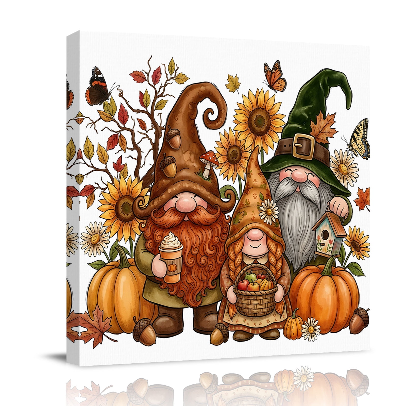 Canvas Wall Art Thanksgiving Gnomes Framed Canvas Prints for Bathroom Kitchen Fall Pumpkins Sunflowers Maple Florals Gallery Wrapped Wall Decor for Home Office Gifts 10 x10 Ship Next Day