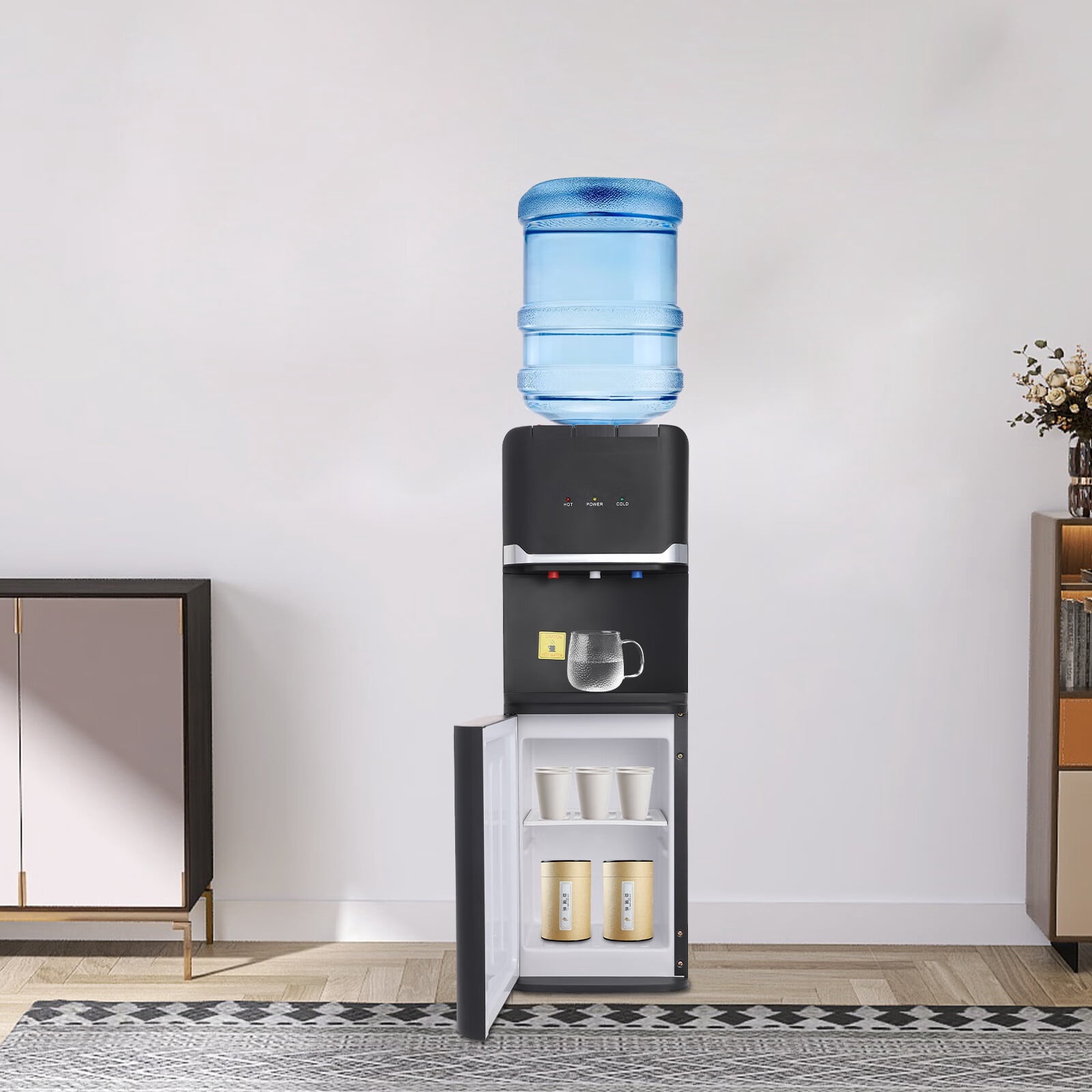 Aiqidi 550W Top Loading Water Dispenser 5 Gallon Vertical Cold and Hot Water Dispenser Home Office Dorm Anti-Scalding Design Water Dispenser with Storage Cabinet 32.68" High (Black)