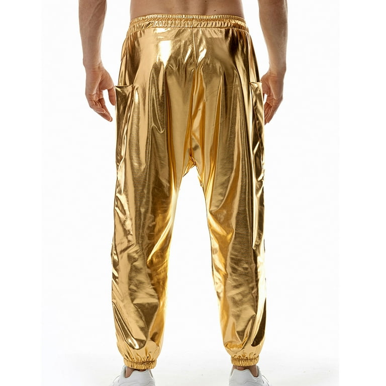 YLSDY Men's Gold Metallic Shiny Pants Casual Hip Hop Harem Pants