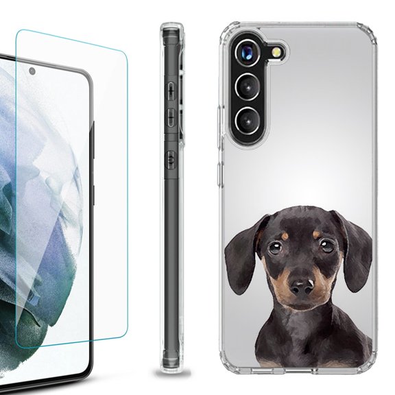 Shockproof Bumper Phone Case for Samsung Galaxy S23 5G, with Tempered Glass Screen Protector, by OneToughShield ® - Dachshund Face