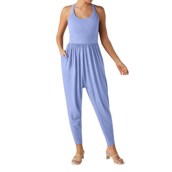 JULMCOMO Jumpsuits for Women Scoop Neck Cross Back Casual Overalls Sleeveless Elastic Waisted Summer Harem Pants with Pockets Blue S