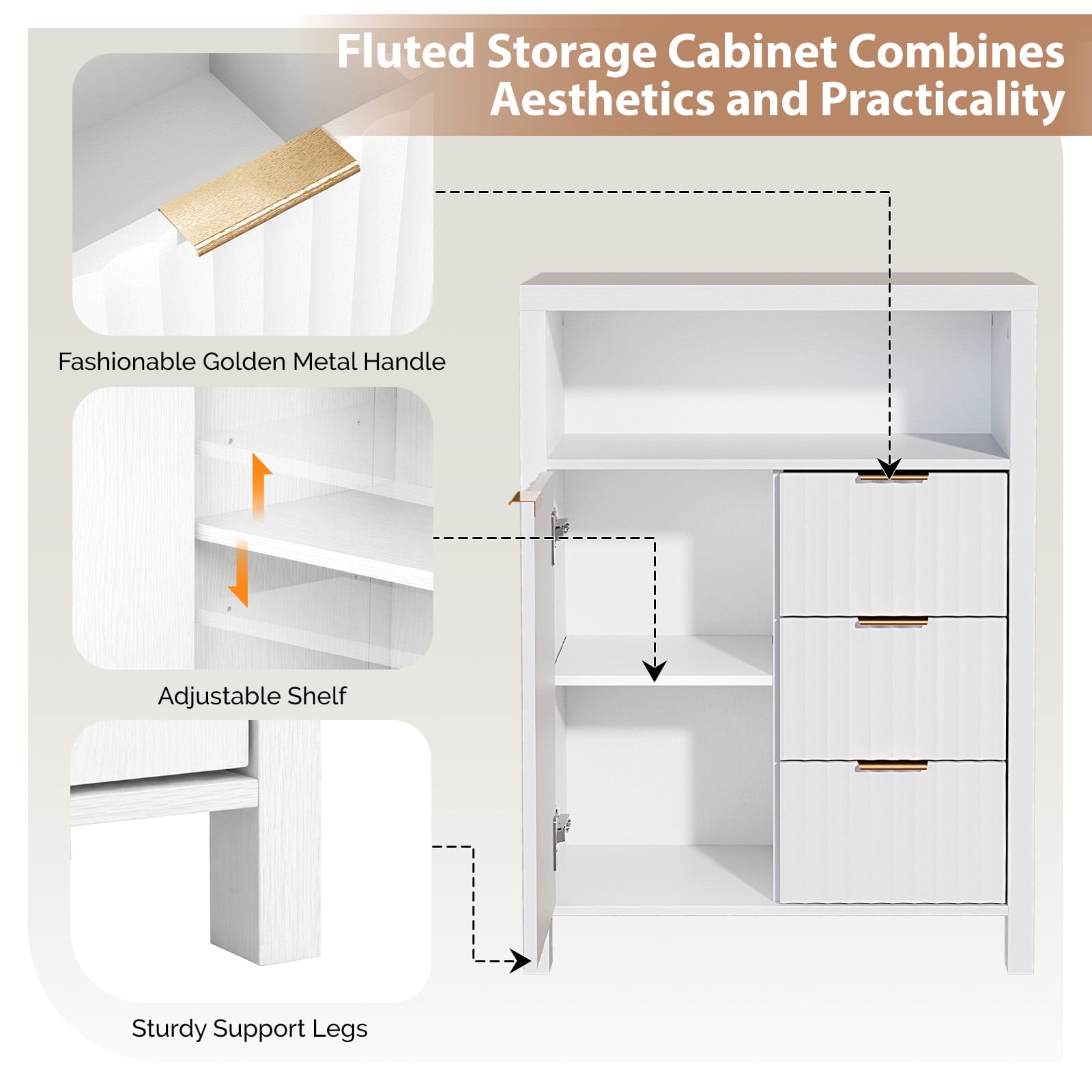Ktaxon Fluted MDF Bathroom Floor Cabinet with Grille Single Door and Three Drawers, White