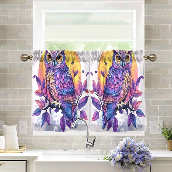 Wobogo Vivid Purple Owl Kitchen Curtains 2 Piece Set Farmhouse Country Style Light Filtering Small Window Drapes Suitable for Bathroom Laundry Room and RV 27x24in
