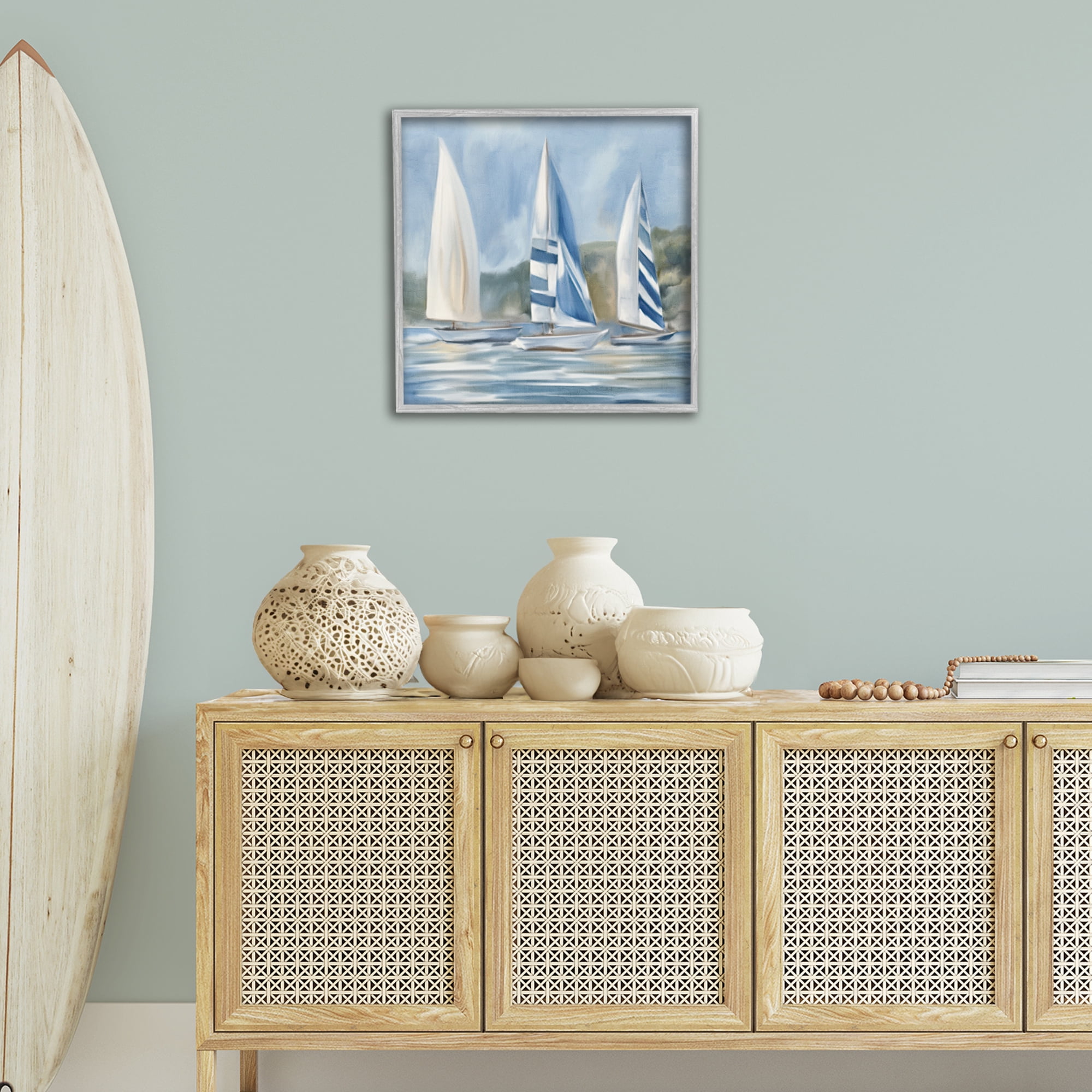 Stupell Industries Sailboat Trio Drifting Coastal Painting Gray Framed Art Print Wall Art, 24 x 24