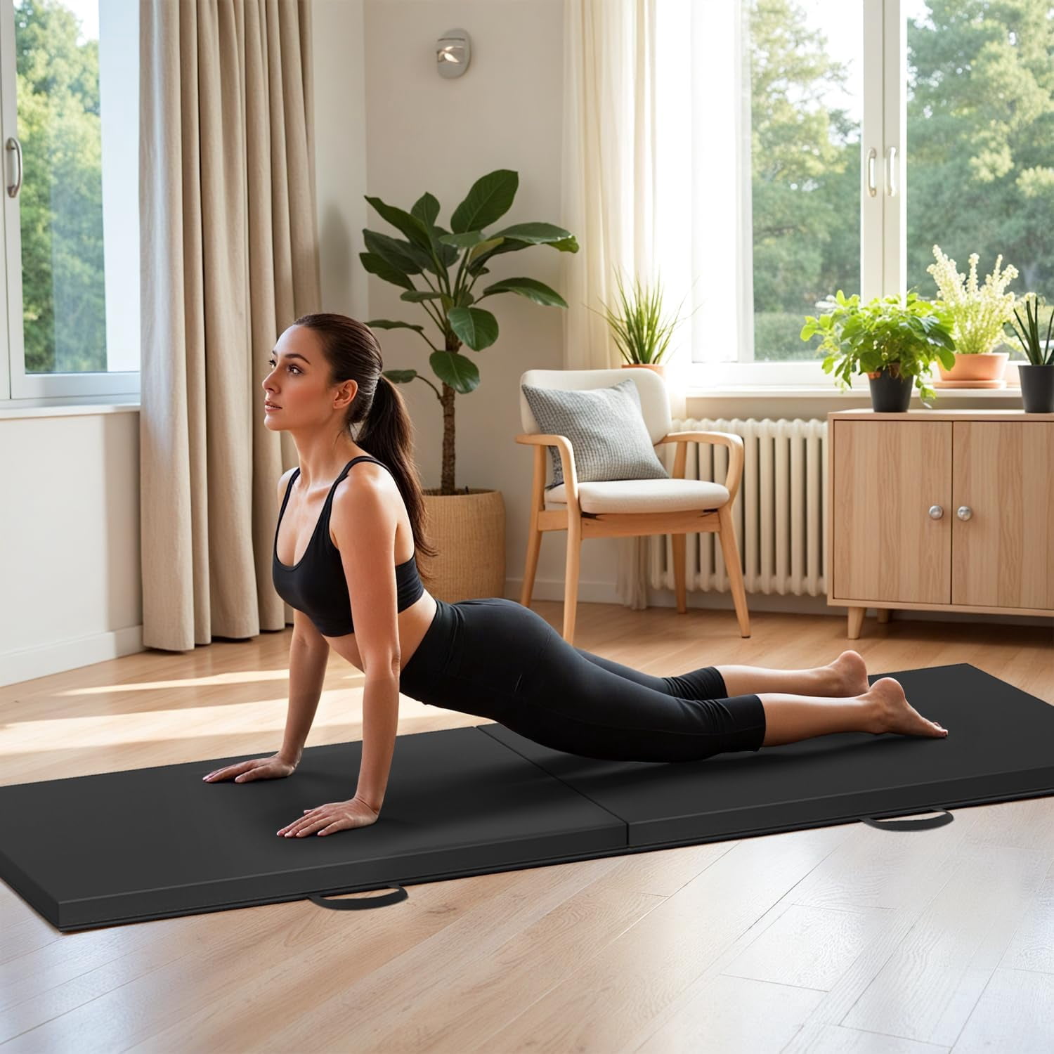 CL.HPAHKL Folding Exercise Gymnastics Mat, Portable Tumbling Mat with Carrying Handle for Home Gym Yoga Pilates Training, Black