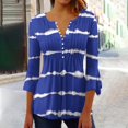 thumbnail image 3 of Womens 3/4 Long Sleeve Blouse Pleated Print Tunic Tops Crew Neck Button Shirt Casual Slim Tee Striped Spring Fall Clothes (Blue L), 3 of 5
