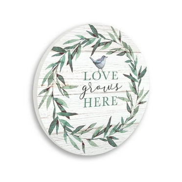 Stupell Industries Love Grows Here Sentiment Green Fern Wreath Blue Warbler,12 x 12,Design By Elizabeth Tyndall