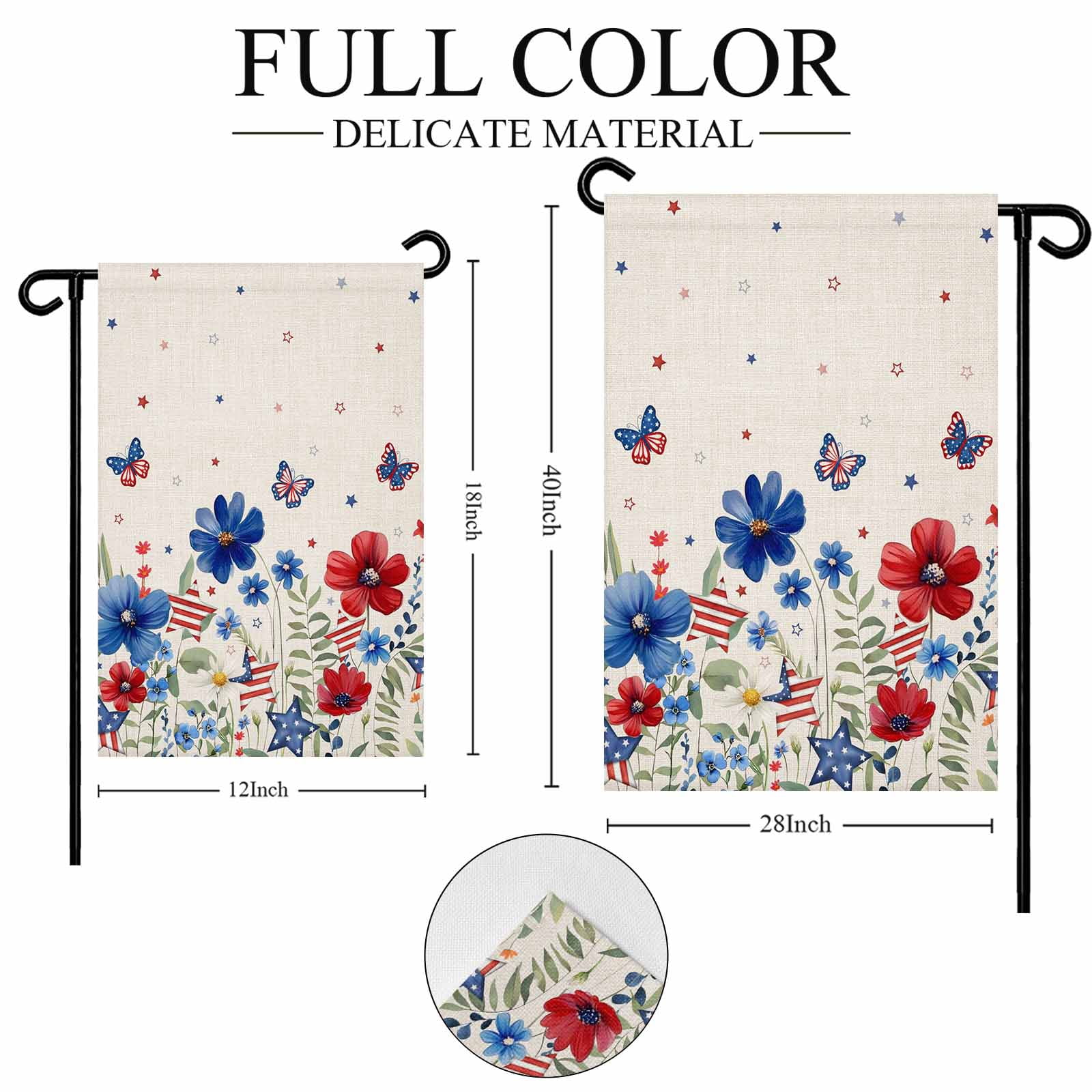 4th of July Garden Flags American Flag Butterfly Garden Flag Double Sided Welcome Flag Red Blue Flowers Linen Independence Day Yard Flags for Outdoor Lawn Porch Memorial Day Holiday Decor 28x40 Inch