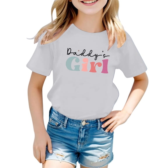 Black "Daddy's Girl" Multicolored Letter Print T-Shirt for Girls - Casual, Round Neck, Short Sleeve